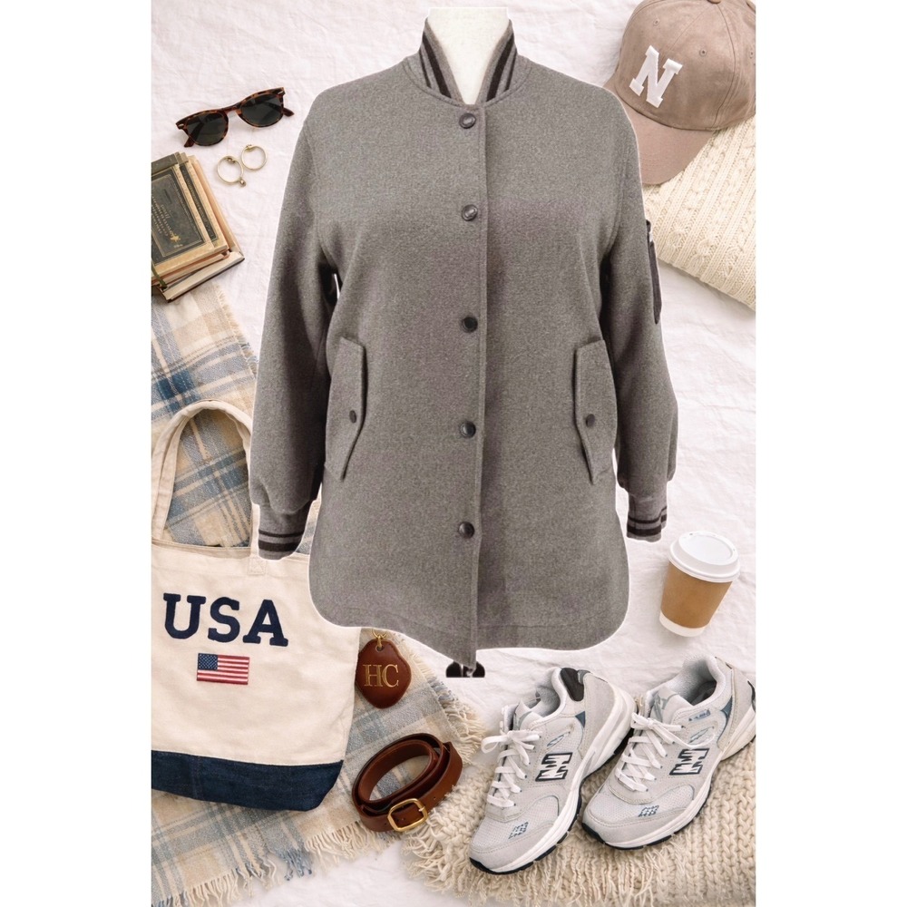 Womens Modern Varsity Longline Bomber Jacket Gray Button Front Customellow 38